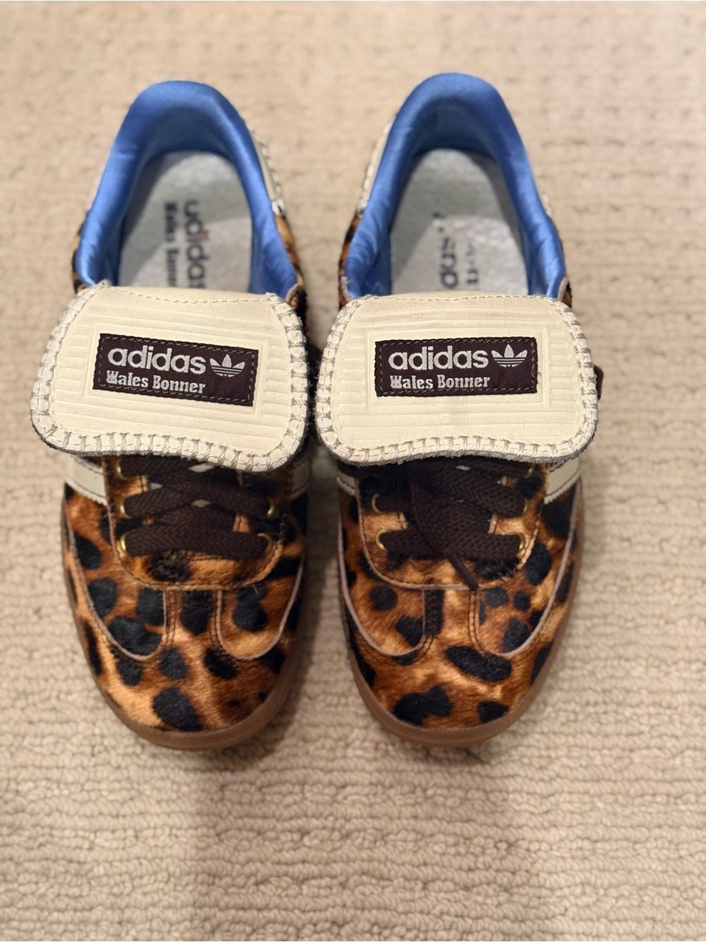adidas x Wales Bonner Leopard Sneakers with Cream Stripes and Blue Lining - Picture 2 of 3